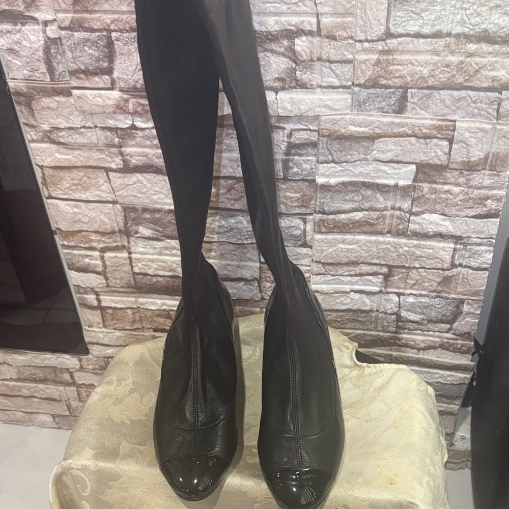 CHANEL Black Patent Toe Stretch Sock Boots